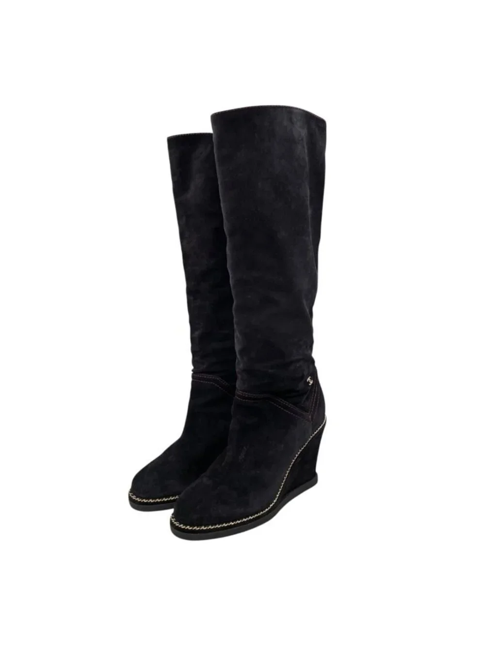 Chanel Long Boots CC Logo Chain Suede Black Gold 35.5